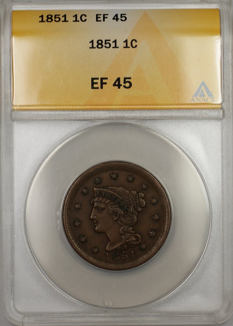 1851 United States Braided Hair Large Cent Copper Coin ANACS EF 45 (1 of 2)