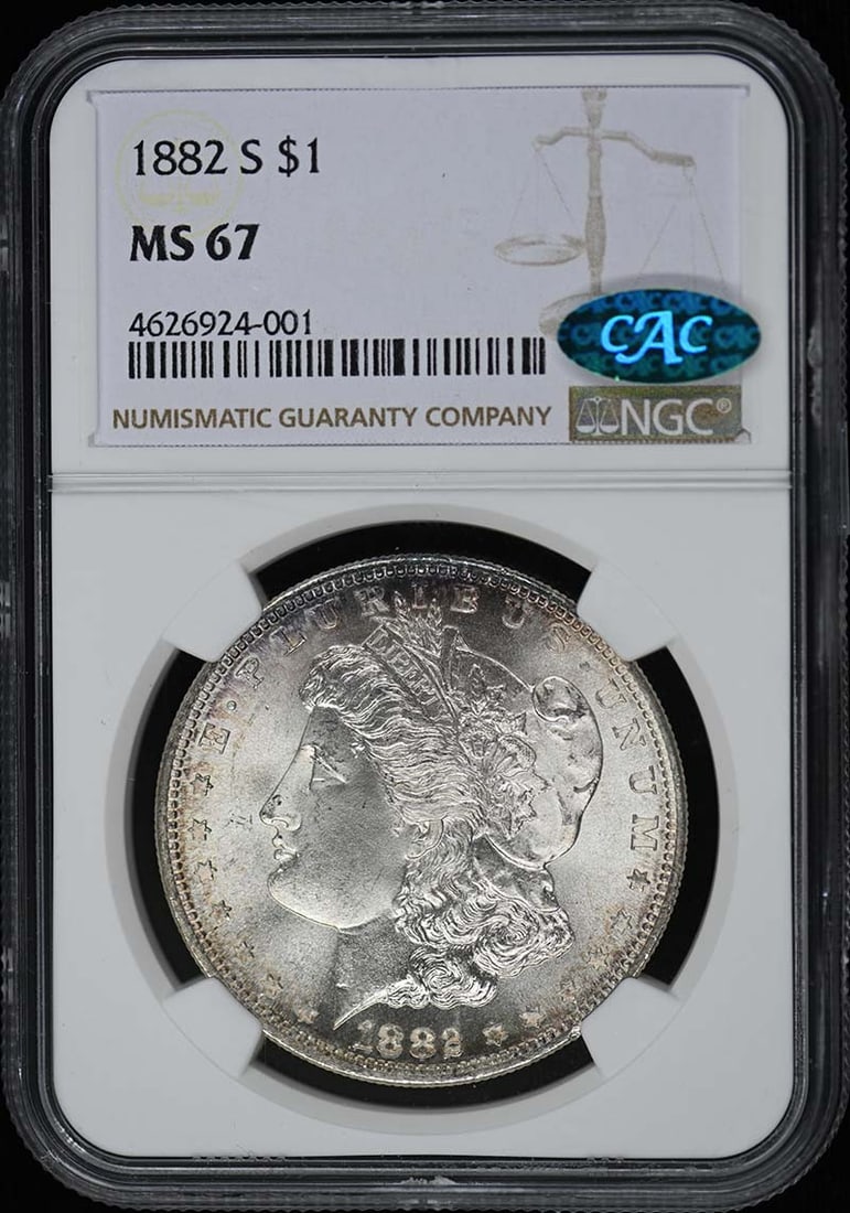 1882-S Morgan Dollar NGC MS67 CAC Uncirculated San Francisco: 1882-S Morgan Dollar NGC MS67 CAC Uncirculated San Francisco This stunning 1882-S Morgan Dollar is graded MS67 by NGC, ensuring its exceptional quality and preservation. Struck at the San Francisco Mi