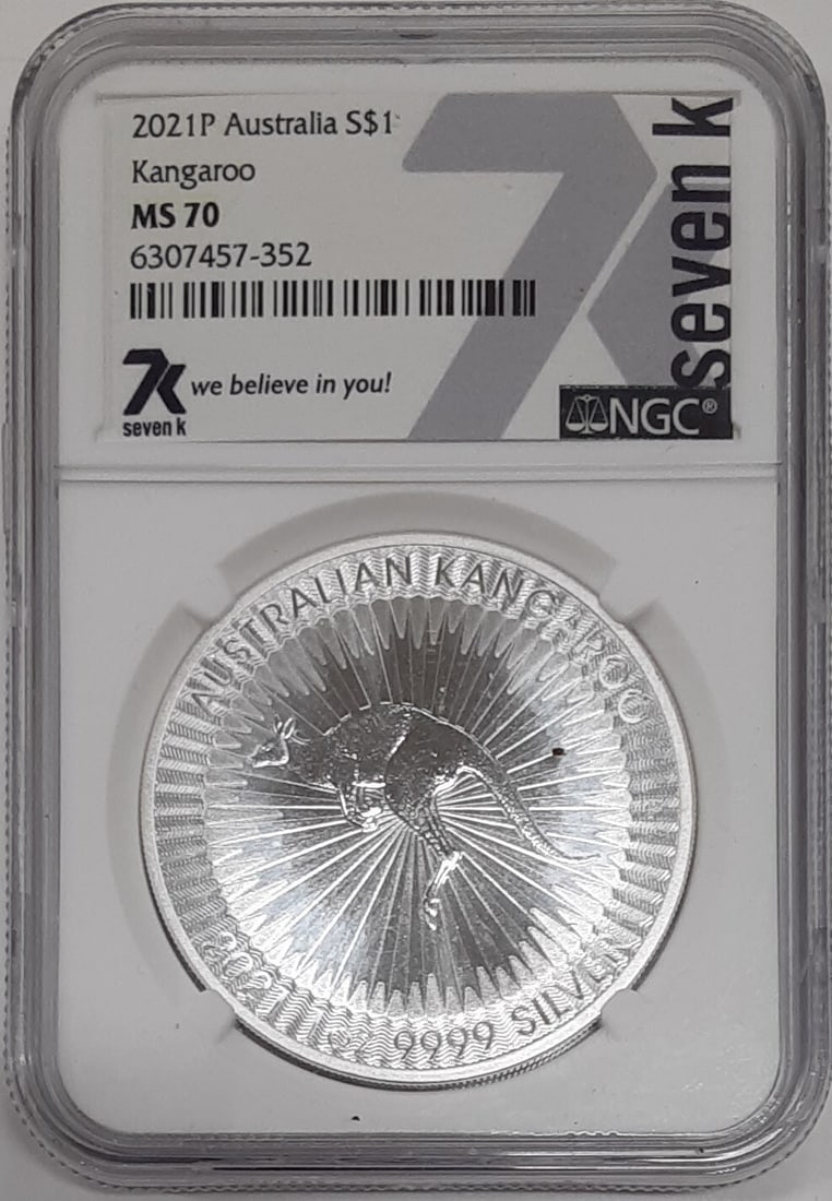 NGC MS-70 2021-P Silver Kangaroo Dollar Coin with 7K Label: NGC MS-70 2021-P Silver Kangaroo Dollar Coin with 7K Label This is a 2021-P Australia Silver Kangaroo 1 oz Proof Coin with a $1 denomination. The coin is struck in 0.9999 fine silver and graded by NGC