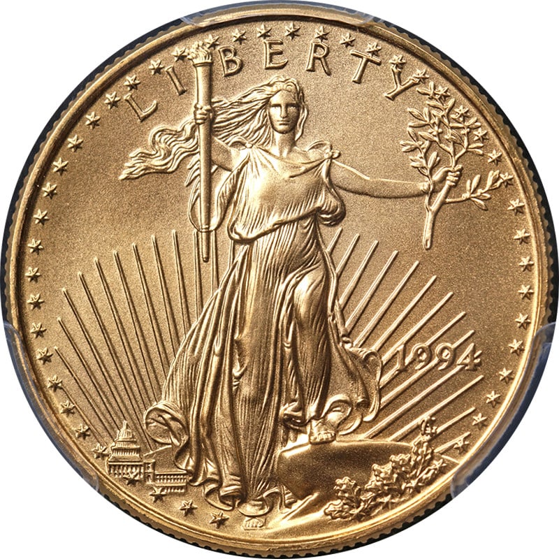 PCGS MS70 1994 $25 Gold American Eagle Coin: PCGS MS70 1994 $25 Gold American Eagle Coin This 1994 Gold American Eagle $25 coin is certified by PCGS with a grade of MS70, indicating a perfect uncirculated condition. Struck in 0.9167 fine gold, t