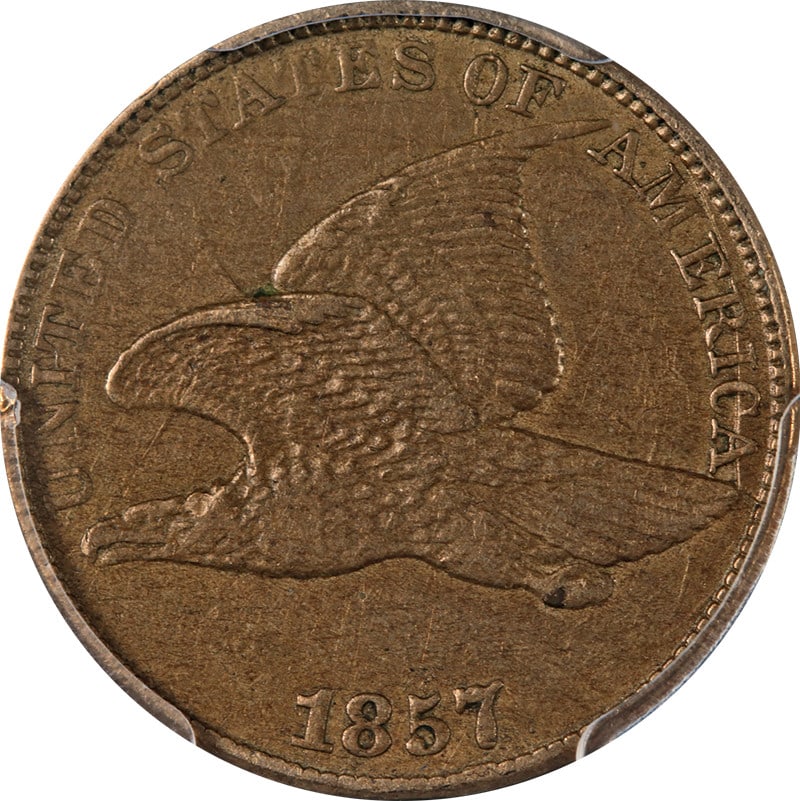 1857 Flying Eagle Cent Copper Coin Obverse Clash With 50c PCGS XF Details: 1857 Flying Eagle Cent Copper Coin Obverse Clash With 50c PCGS XF Details This 1857 Flying Eagle Cent features an obverse clash with a 50c, showcasing remarkable eye appeal and a nice strike. The coin