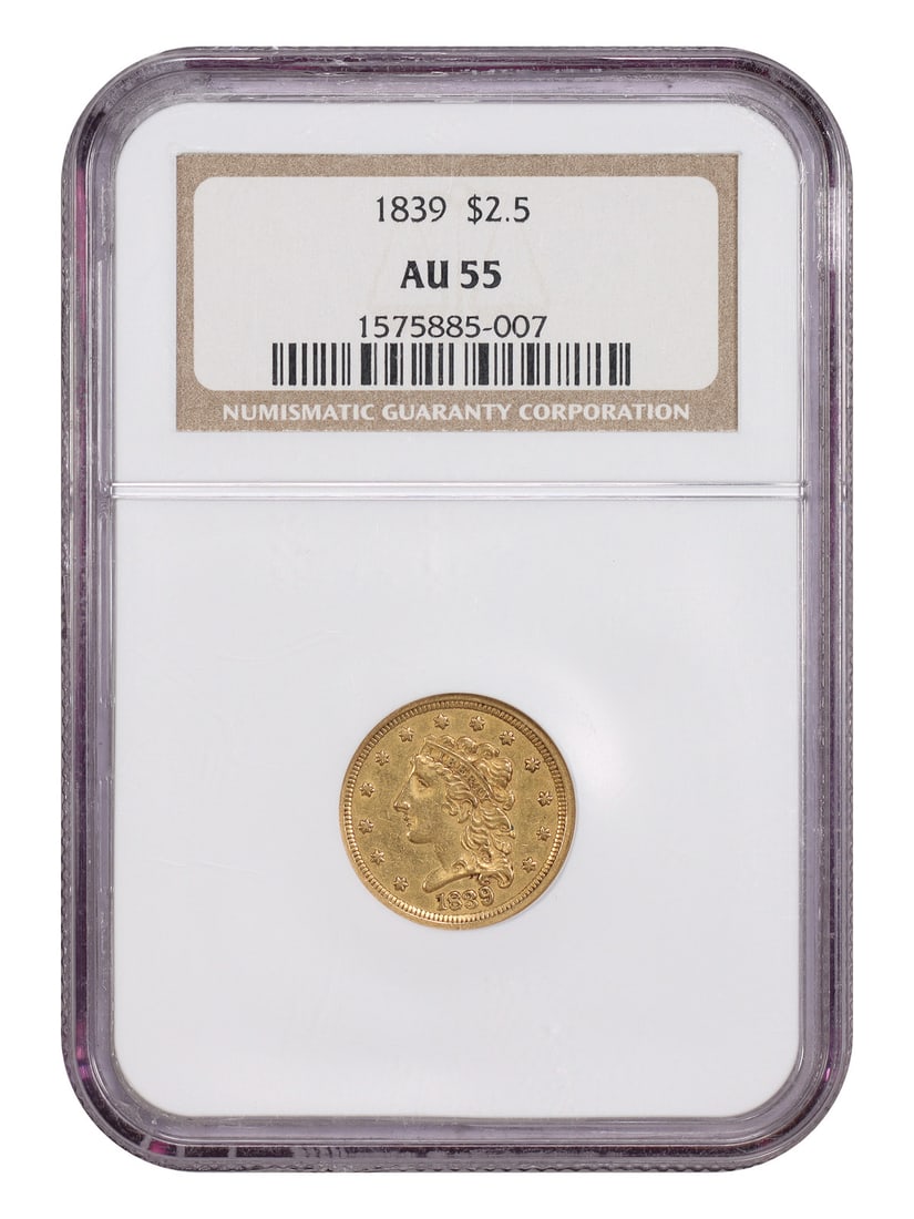 1839 Classic Head Quarter Eagle $2.50 NGC AU55: 1839 Classic Head Quarter Eagle $2.50 NGC AU55 1839 $2.50 Classic Head Quarter Eagle certified by NGC with an AU55 grade. Struck in Philadelphia, this circulated coin is naturally toned and evenly wor