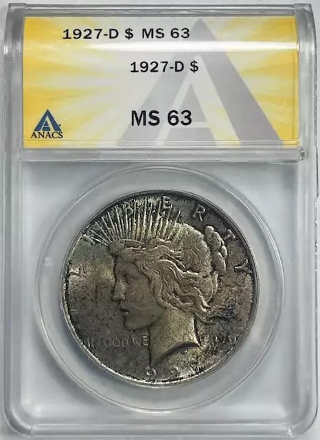 ANACS MS 63 1927 D Peace Silver Dollar: ANACS MS 63 1927 D Peace Silver Dollar 1927-D Peace Dollar certified by ANACS and graded MS 63. This uncirculated silver dollar was minted in the USA and is listed in pre-owned condition. Specificatio