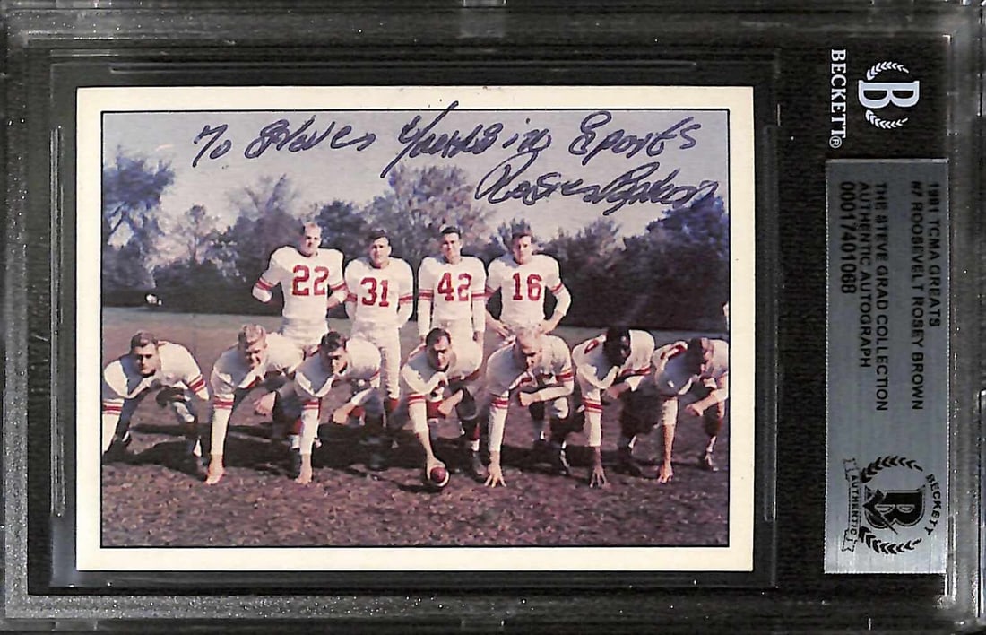 Roosevelt Rosey Brown 1981 TCMA Greats #7 Signed Football Card Beckett Authenticated: Roosevelt Rosey Brown 1981 TCMA Greats #7 Signed Football Card Beckett Authenticated This is an autographed 1981 TCMA Greats #7 sports trading card featuring Roosevelt Rosey Brown, a notable offensive