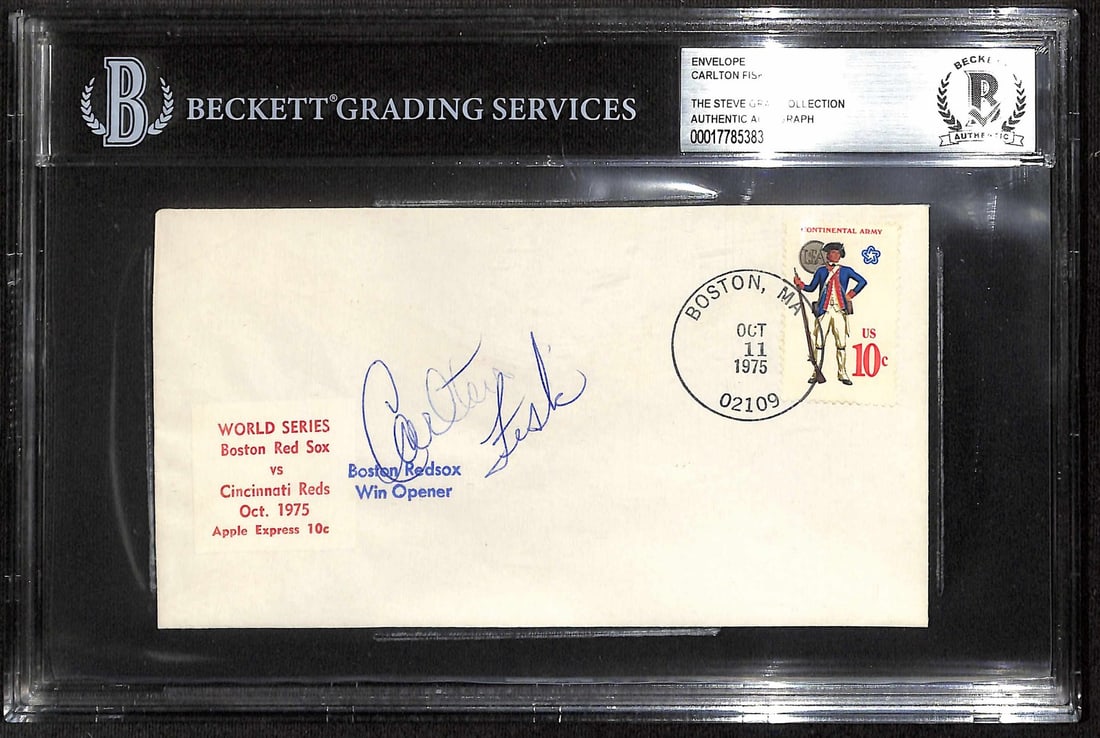 Beckett authenticated Carlton Fisk 1975 World Series FDC envelope: Beckett authenticated Carlton Fisk 1975 World Series FDC envelope This is an original 1975 World Series First Day Cover envelope, hand-signed by Boston Red Sox Hall of Fame catcher Carlton Fisk. The e