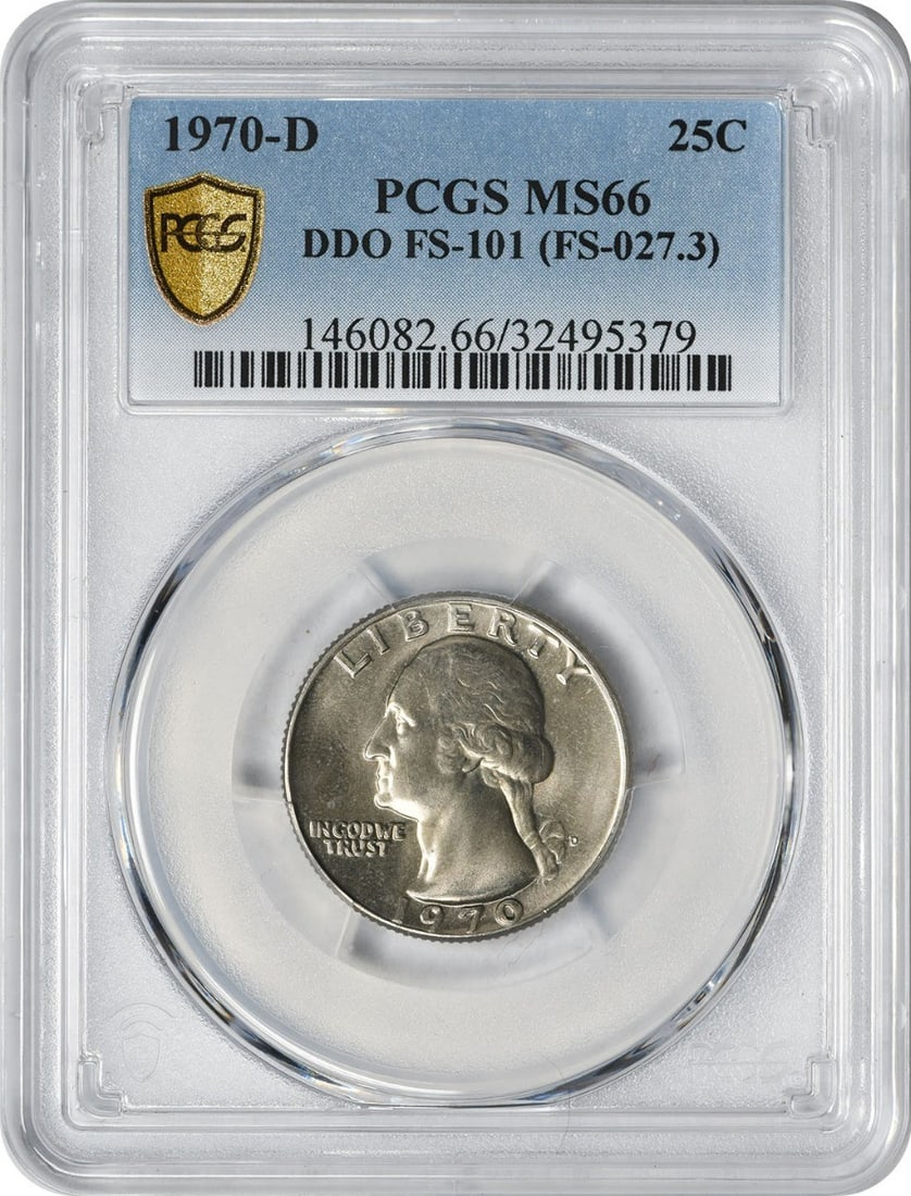 PCGS MS66 1970-D Washington Quarter DDO FS-101: PCGS MS66 1970-D Washington Quarter DDO FS-101 This is a 1970-D Washington Quarter featuring a doubled die obverse (DDO) FS-101 variety. Graded MS66 by PCGS, this uncirculated coin was struck at the D