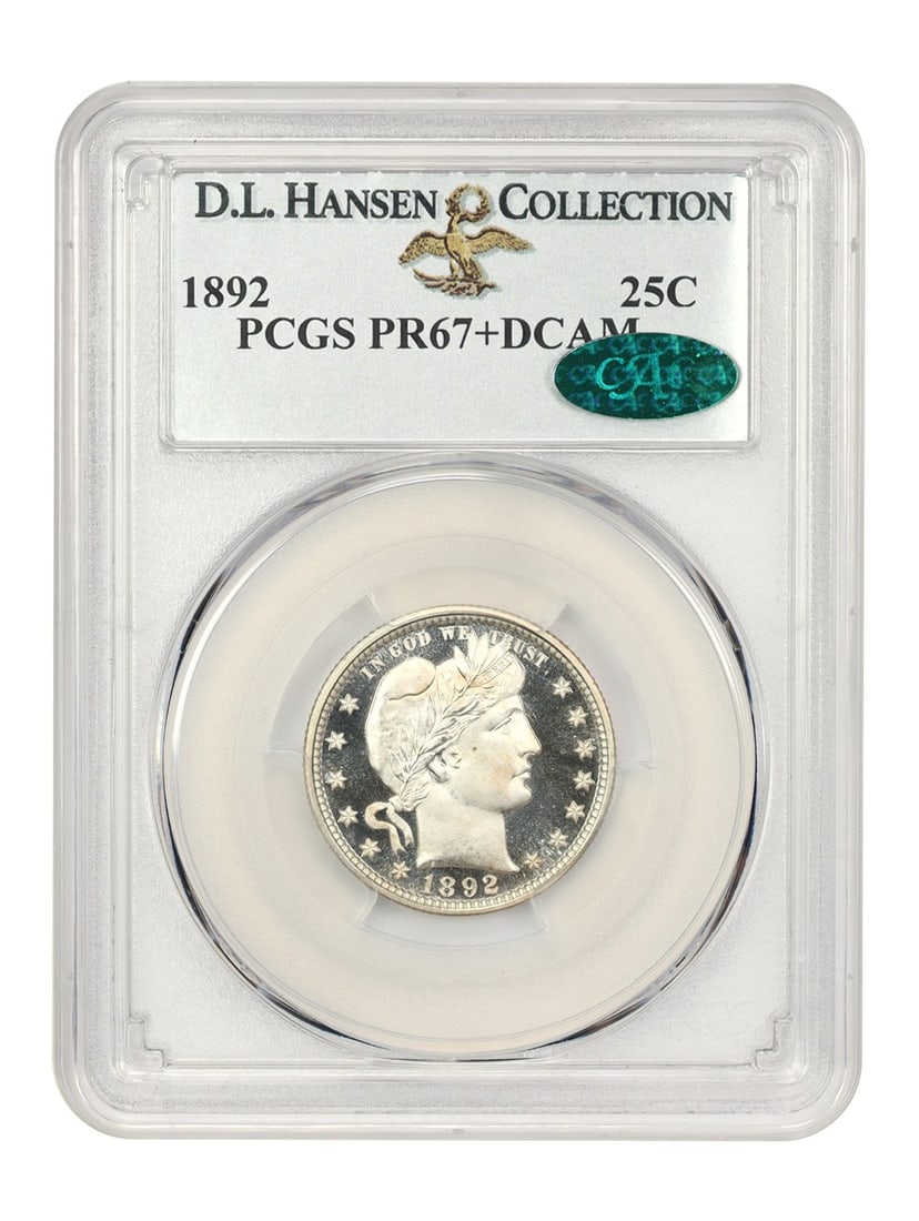 1892 Barber Quarter 25C PCGS PR67+ DCAM CAC ex D.L. Hansen: 1892 Barber Quarter 25C PCGS PR67+ DCAM CAC ex D.L. Hansen 1892 Barber Quarter certified by PCGS and CAC, graded PR67+DCAM. This Philadelphia-minted proof 25C coin is the first year of issue and is no
