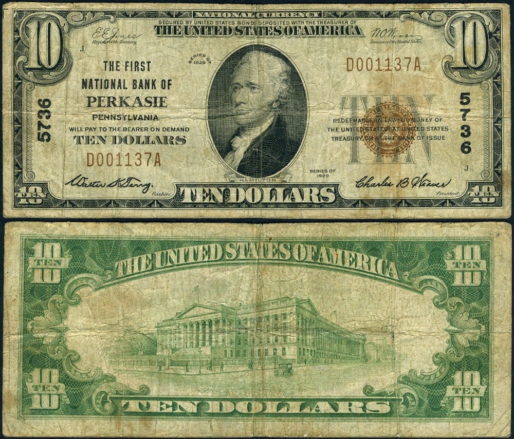 1929 Type 2 $10 Perkasie Pennsylvania National Bank Note CH 5736 FNB (1 of 3)