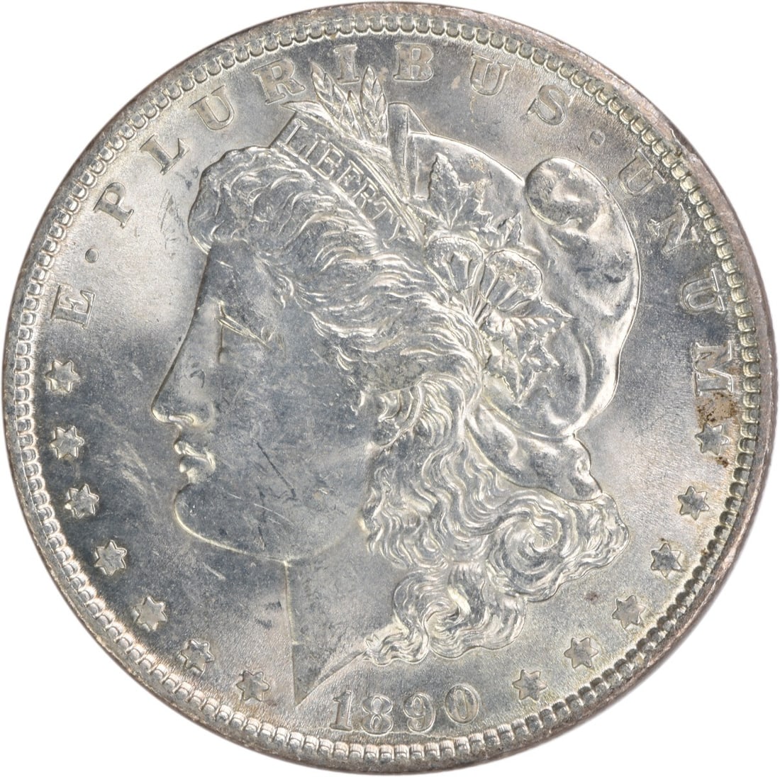 Uncirculated Morgan Silver Dollar 1890 Choice BU No Mint Mark: Uncirculated Morgan Silver Dollar 1890 Choice BU No Mint Mark This 1890 Morgan Silver Dollar is a Choice Brilliant Uncirculated (BU) coin. It is composed of silver and features no mint mark. The coin 