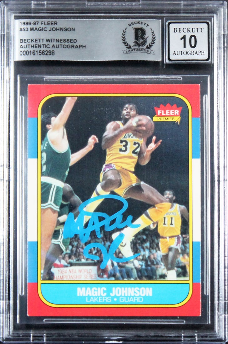 Magic Johnson Signed 1986 Fleer #53 Card Gem Mint 10 Beckett Authenticated: Magic Johnson Signed 1986 Fleer #53 Card Gem Mint 10 Beckett Authenticated This 1986 Fleer #53 basketball card features the legendary Magic Johnson, personally signed by the player himself. Graded as 