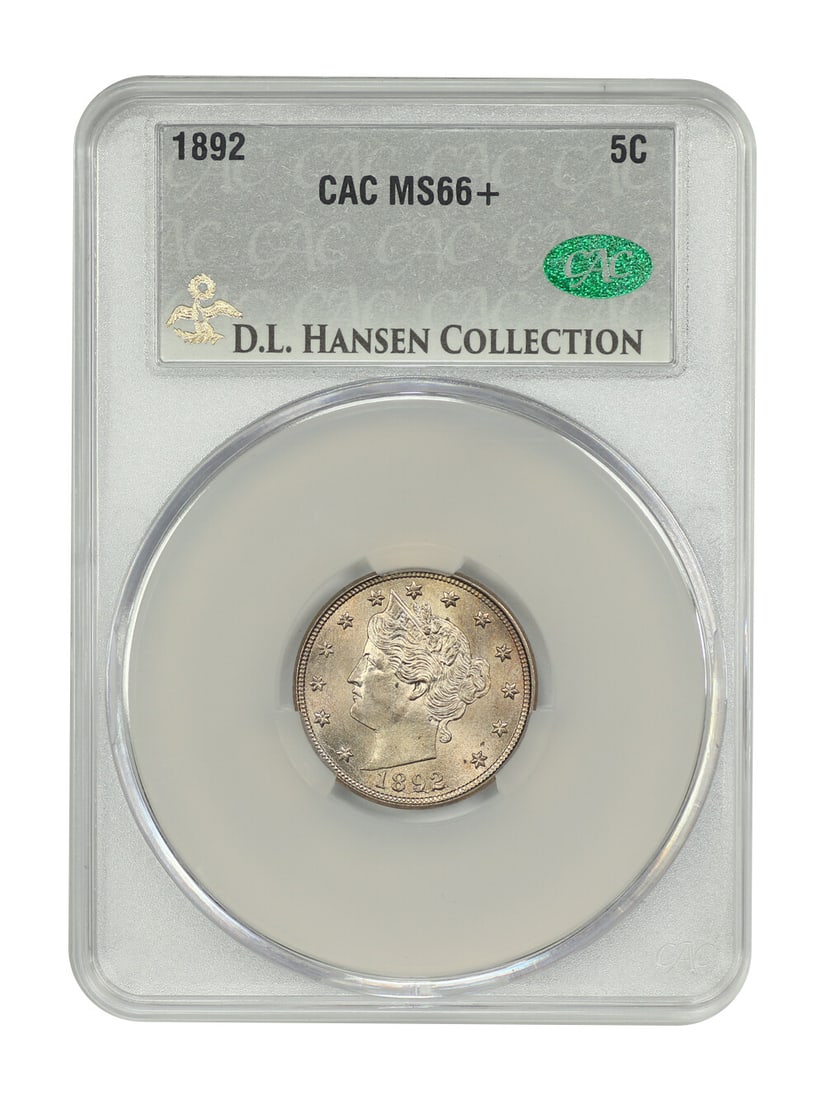 1892 Liberty Nickel 5C CACG MS66+ ex D.L. Hansen: 1892 Liberty Nickel 5C CACG MS66+ ex D.L. Hansen An 1892 Liberty Nickel graded MS66+ by CACG and certified uncirculated. This Philadelphia-minted 5C coin is described as a conditionally rare survivor 