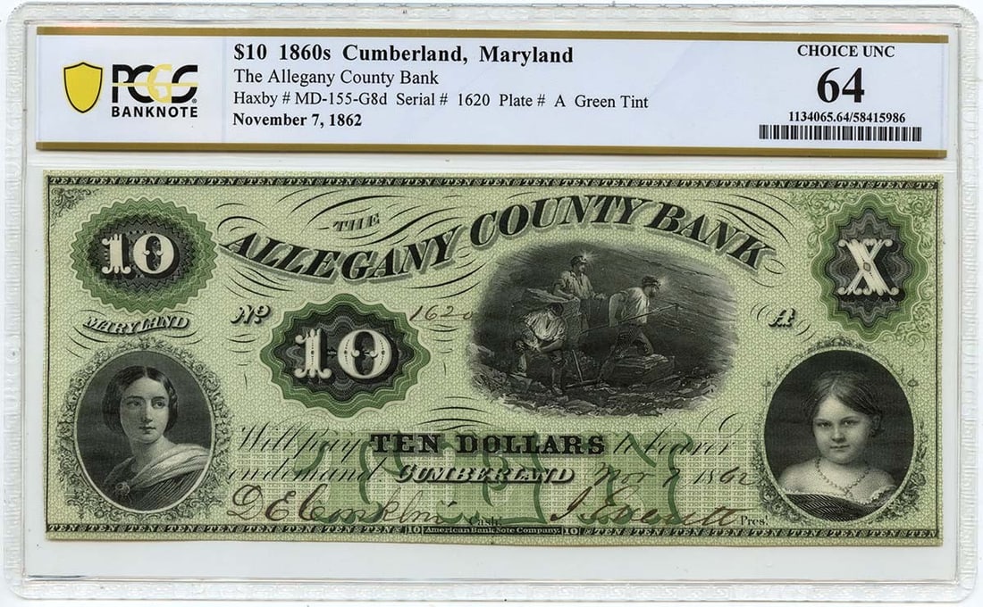 PCGS CU64 1862 Allegany County Bank $10 Cumberland Maryland Note (1 of 2)
