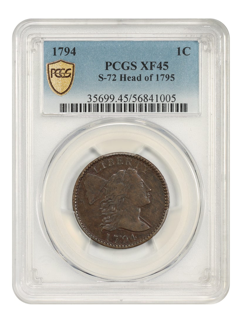 PCGS XF45 1794 Flowing Hair Large Cent Head of 1795 S-72: PCGS XF45 1794 Flowing Hair Large Cent Head of 1795 S-72 1794 1C Flowing Hair Large Cent, Sheldon-72 variety, featuring the exact 1795 motif. This circulated coin is certified by PCGS and graded XF45.