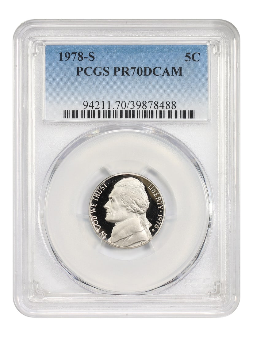 PCGS PR70DCAM 1978-S Jefferson Nickel 5C Proof: PCGS PR70DCAM 1978-S Jefferson Nickel 5C Proof 1978-S Jefferson Nickel certified by PCGS with a PR70DCAM grade. This uncirculated 5C coin is from the San Francisco mint and is listed as pre-owned. Spe