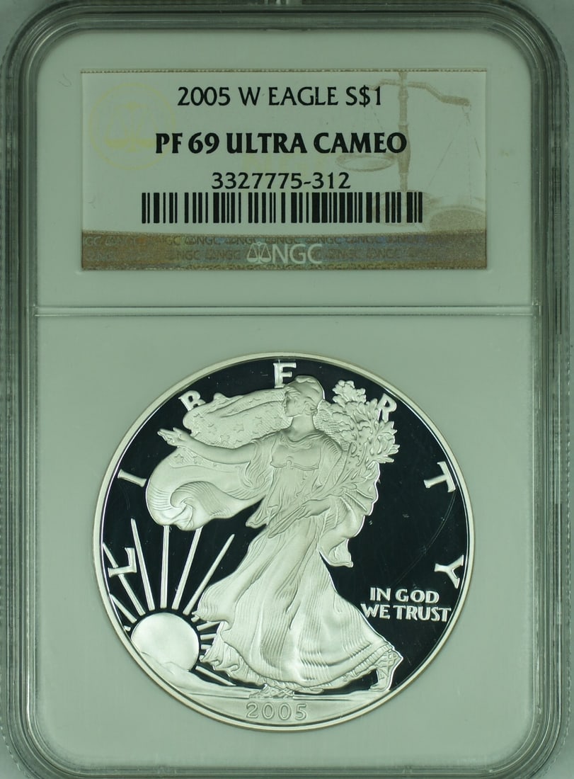 NGC PR 69 2005-W Proof Silver Eagle Dollar Ultra Cameo: NGC PR 69 2005-W Proof Silver Eagle Dollar Ultra Cameo This 2005-W American Proof Silver Eagle features a denomination of $1 and has been certified by NGC with a grade of PF 69 Ultra Cameo. The coin i