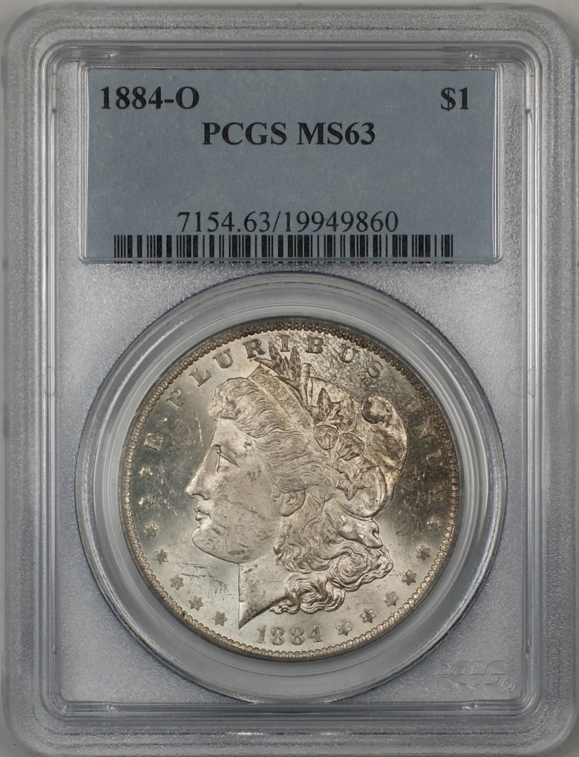 PCGS MS63 1884-O Morgan Dollar Silver Coin New Orleans Light Toning: PCGS MS63 1884-O Morgan Dollar Silver Coin New Orleans Light Toning This is an 1884-O Morgan Silver Dollar graded MS-63 by PCGS. The coin was minted in New Orleans and features a lightly toned finish.
