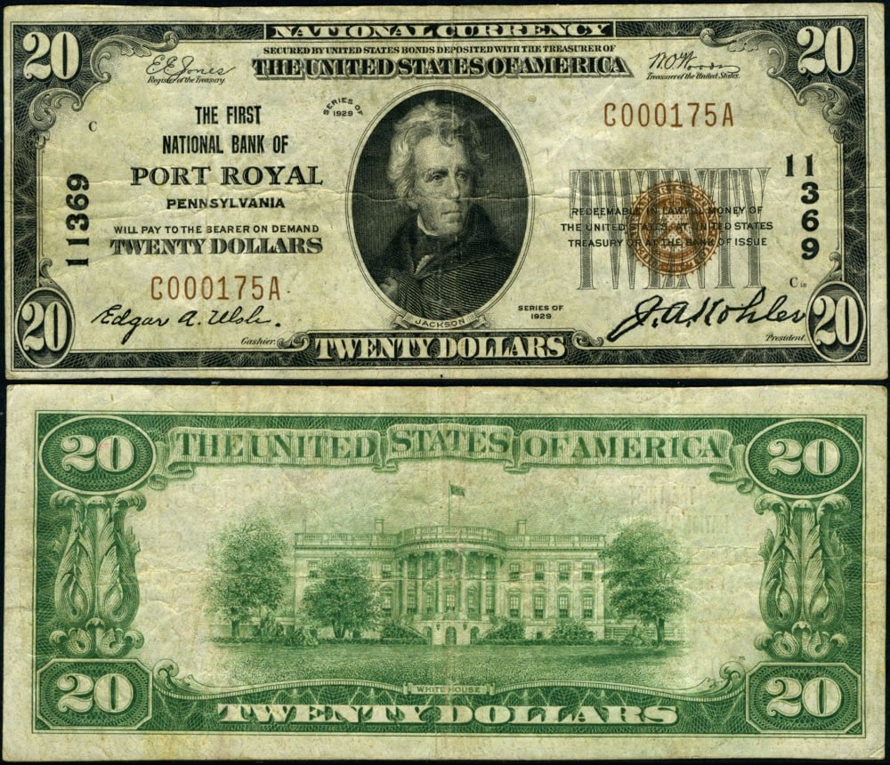 1929 T-1 $20 Port Royal PA National Bank Note Ch #11369 Fine+: 1929 T-1 $20 Port Royal PA National Bank Note Ch #11369 Fine+ This $20 National Bank Note from Port Royal, Pennsylvania, is a 1929 T-1 issue, designated as Charter #11369. It is classified in Fine+ co
