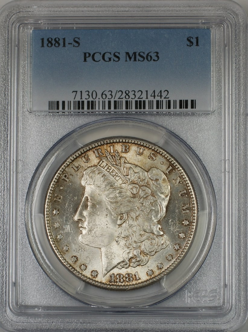 PCGS MS63 1881-S Morgan Silver Dollar Lightly Toned: PCGS MS63 1881-S Morgan Silver Dollar Lightly Toned This is an 1881-S Morgan Silver Dollar graded MS-63 by PCGS. The coin is lightly toned and remains uncirculated. It was minted in San Francisco and 
