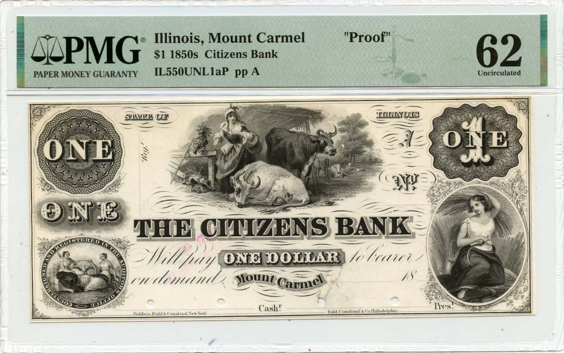 Citizens Bank Mount Carmel Illinois $1 Obsolete Proof Note PMG Graded CU62 (1 of 2)