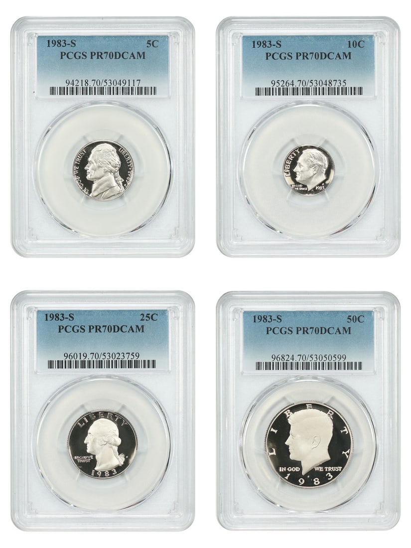 4 Coin 1983-S PCGS PR70DCAM Proof Set 5C 10C 25C 50C: 4 Coin 1983-S PCGS PR70DCAM Proof Set 5C 10C 25C 50C This is a lot of four 1983-S PCGS PR70DCAM coins in Jefferson Nickel-related denominations. The lot includes 5C, 10C, 25C, and 50C pieces, all list