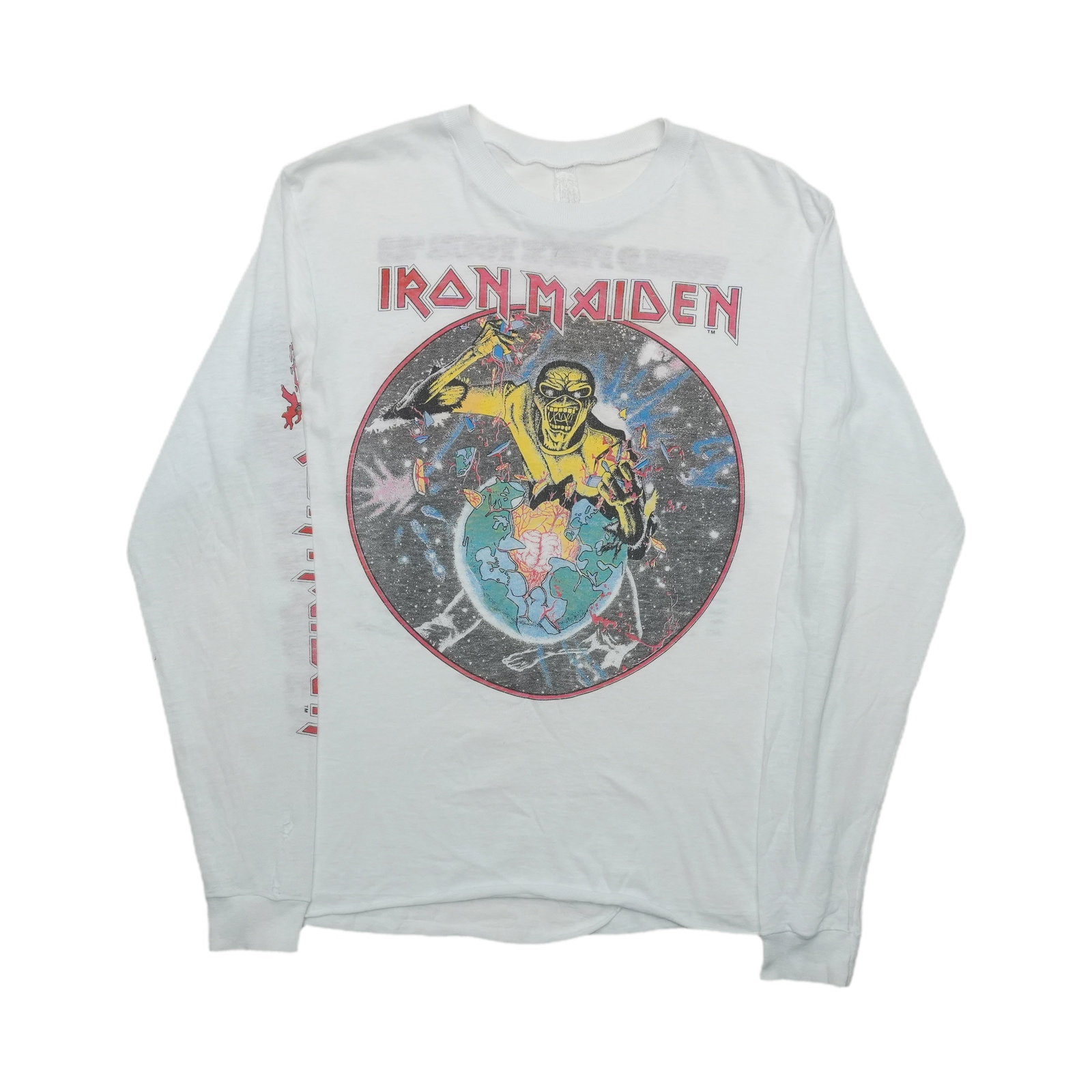 Iron Maiden World Peace Vintage 1980s White Cotton Long Sleeve Shirt: Iron Maiden World Peace Vintage 1980s White Cotton Long Sleeve Shirt This is an original vintage 1983 Iron Maiden World Peace long sleeve shirt featuring front and back graphics. Made from 100% cotton