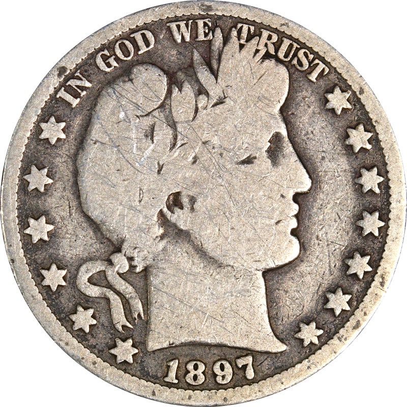 Silver Barber Half Dollar 1897 O Mint United States Coin: Silver Barber Half Dollar 1897 O Mint United States Coin This is a 1897-O Barber Half Dollar coin from the United States, composed of 90% silver. The coin was minted in New Orleans and is circulated, 