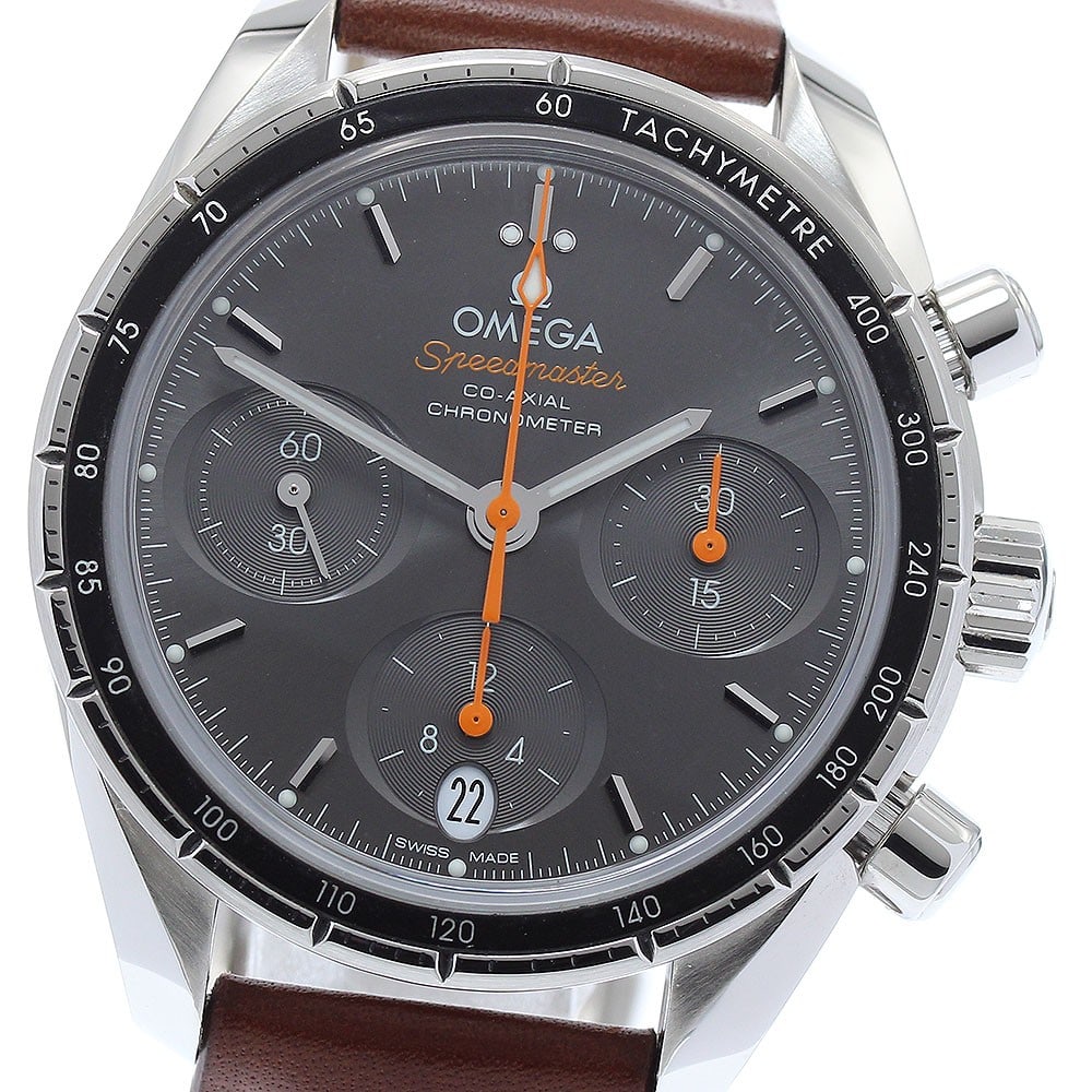 Omega Speedmaster 38 Co-Axial Automatic Chronograph Wristwatch: Omega Speedmaster 38 Co-Axial Automatic Chronograph Wristwatch This is an OMEGA Speedmaster 38 Co-Axial Chronograph Automatic wristwatch, model 324.32.38.50.06.001. Designed for men, this pre-owned Sw