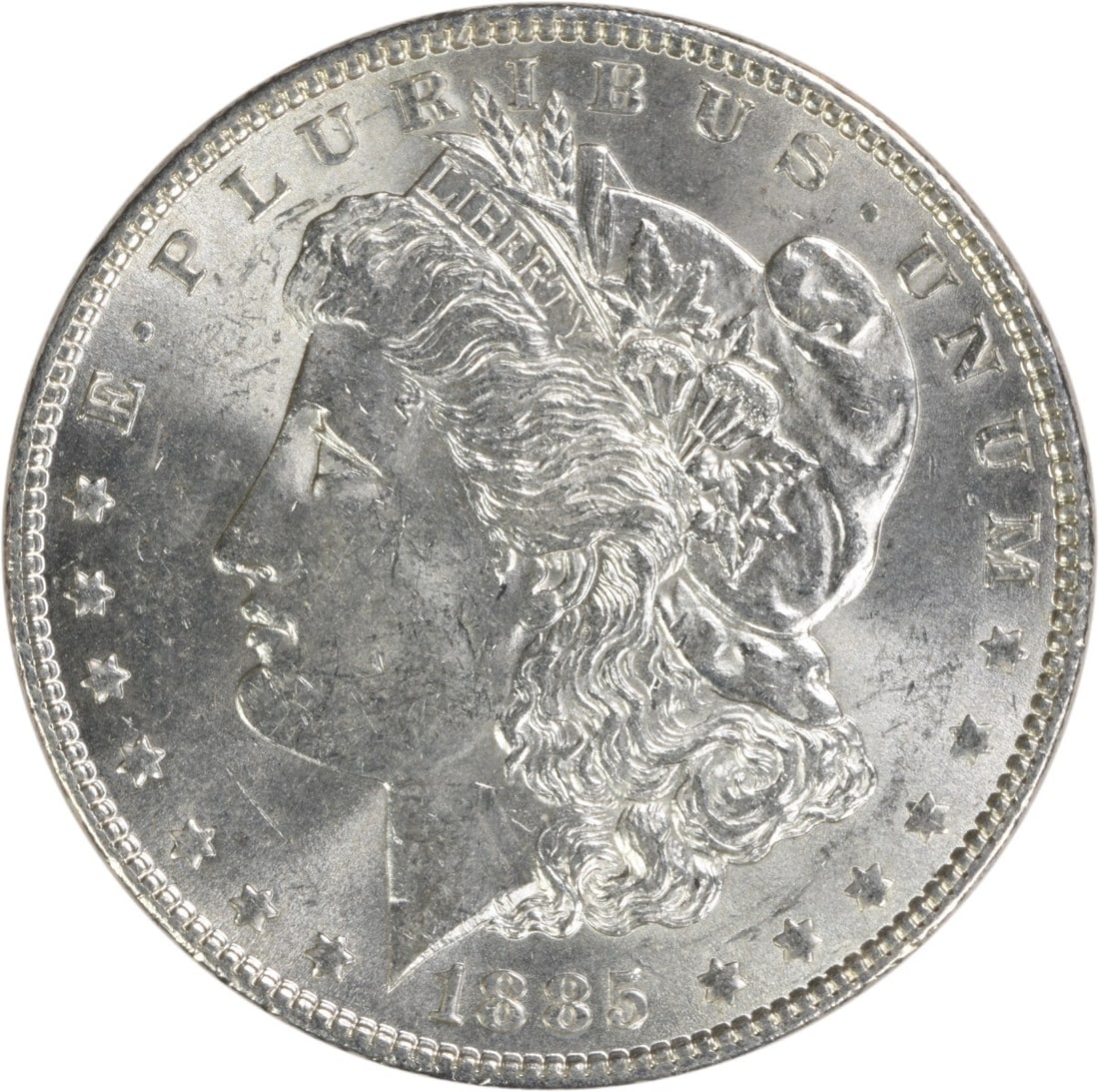 Uncirculated 1885 Morgan Silver Dollar Choice BU No Mint Mark: Uncirculated 1885 Morgan Silver Dollar Choice BU No Mint Mark This is an 1885 Morgan Silver Dollar featuring a Choice Brilliant Uncirculated (BU) grade. The coin is composed of silver and was minted i