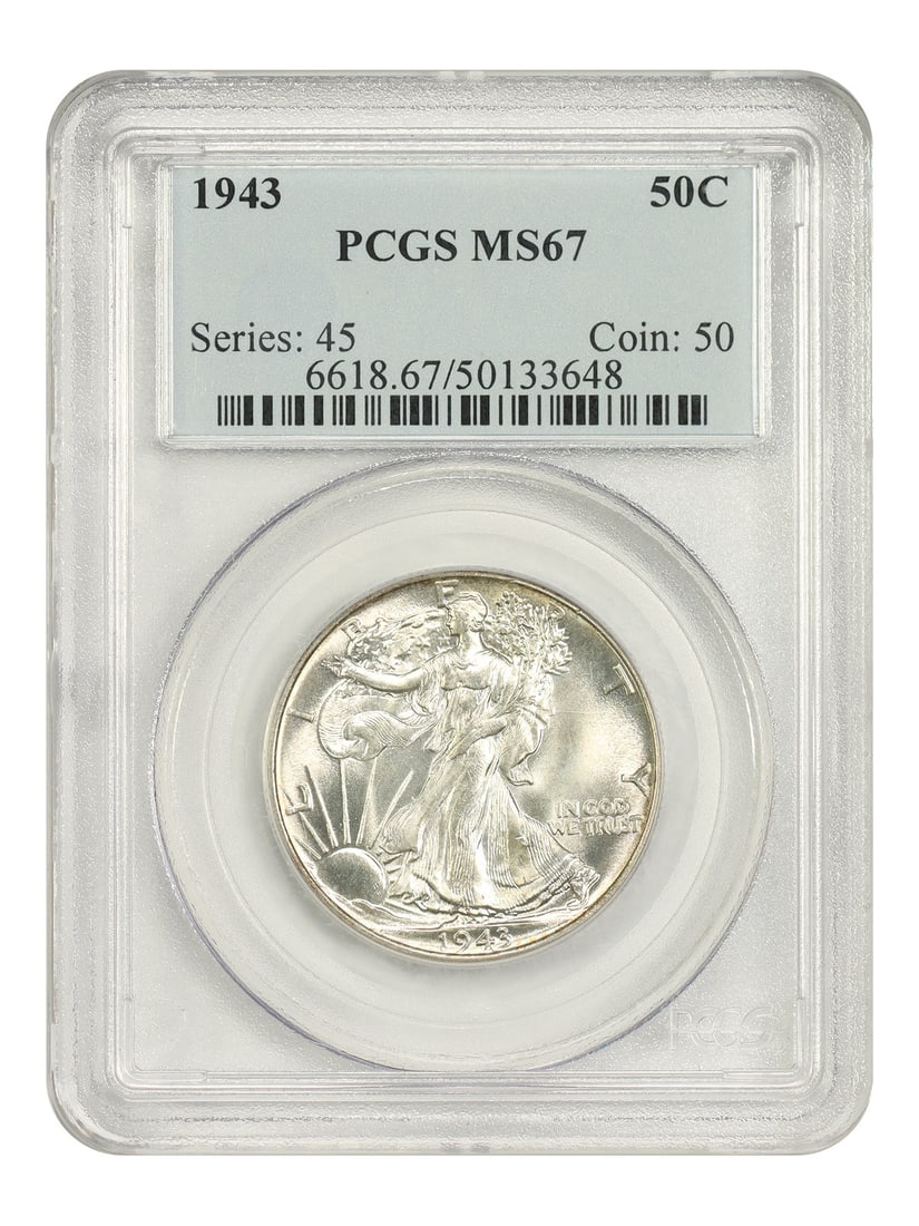 PCGS MS67 1943 Walking Liberty 50C Half Dollar: PCGS MS67 1943 Walking Liberty 50C Half Dollar 1943 Walking Liberty Half Dollar, denomination 50C, struck in Philadelphia. Certified by PCGS and graded MS67. The coin is uncirculated and pre-owned. Sp