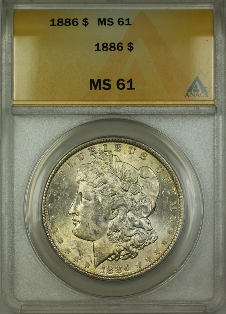1886 Philadelphia Morgan Dollar Silver $1 ANACS MS 61 Toned Uncirculated Coin: 1886 Philadelphia Morgan Dollar Silver $1 ANACS MS 61 Toned Uncirculated Coin This is an 1886 Morgan Silver Dollar $1 coin, certified by ANACS with a grade of MS-61. The coin was minted in Philadelphi