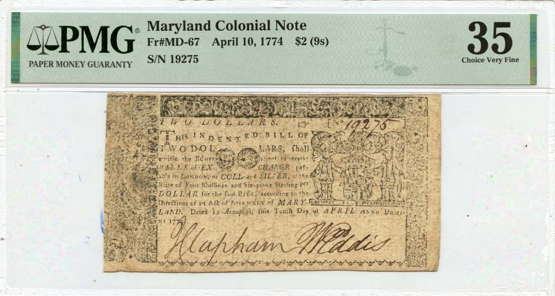 1774 $2 Maryland Colonial Note MD-67 PMG VF35 Certified Currency: 1774 $2 Maryland Colonial Note MD-67 PMG VF35 Certified Currency This April 10, 1774 Maryland Colonial Note is a remarkable piece of history, certified by PMG with a grade of VF35. As a circulated not