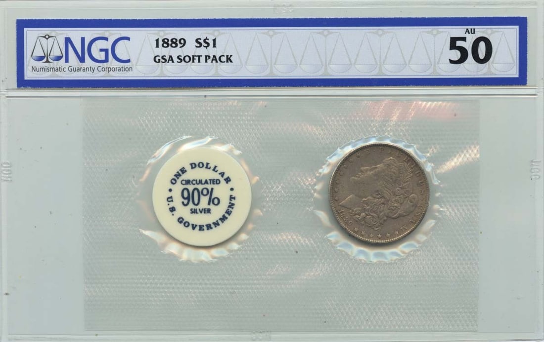 NGC AU50 1889 Morgan Silver Dollar Philadelphia GSA Soft Pack: NGC AU50 1889 Morgan Silver Dollar Philadelphia GSA Soft Pack This 1889 Morgan Dollar is certified by NGC with a grade of AU50. It is housed in a GSA soft pack and was minted in Philadelphia. The coin