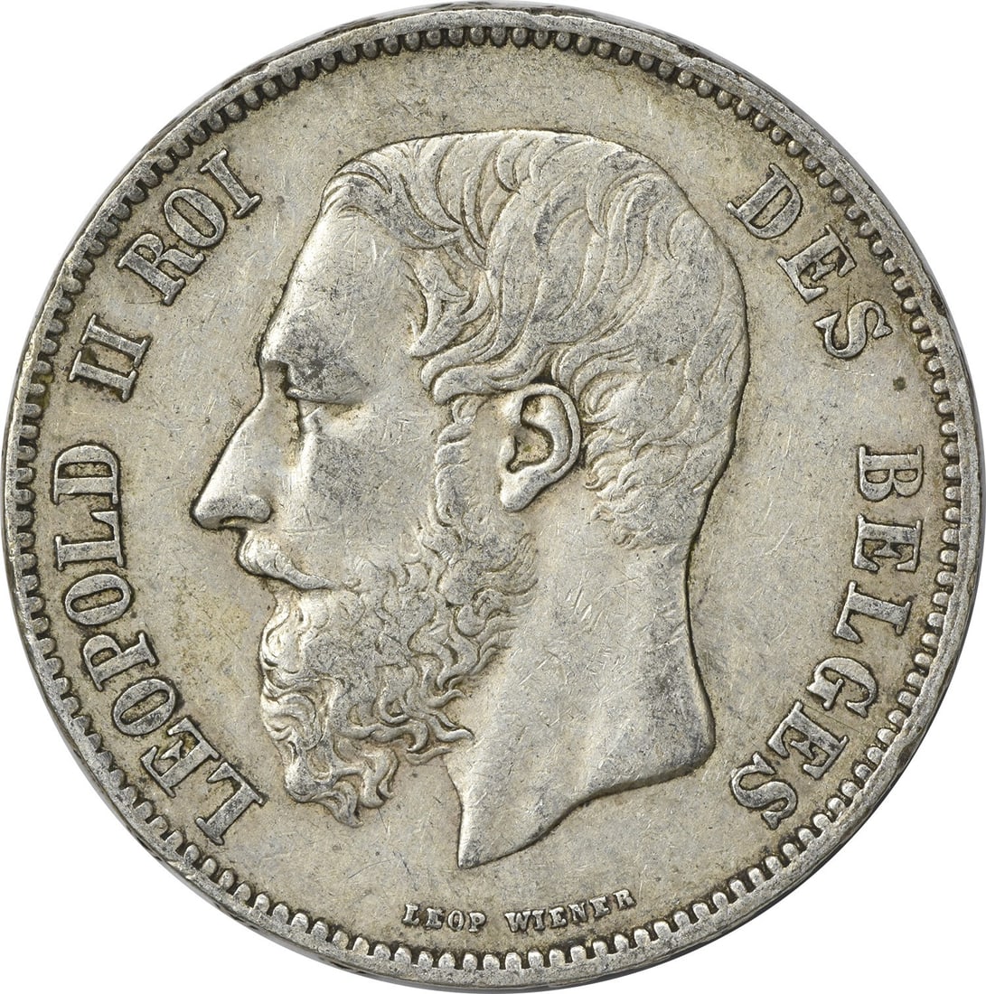 Belgian 5 Francs Silver Coin 1868 KM 24 Extra Fine Uncertified: Belgian 5 Francs Silver Coin 1868 KM 24 Extra Fine Uncertified This is an 1868 Belgian 5 Francs coin, struck in silver. The coin is circulated and graded as Extremely Fine (XF). It is uncertified and 