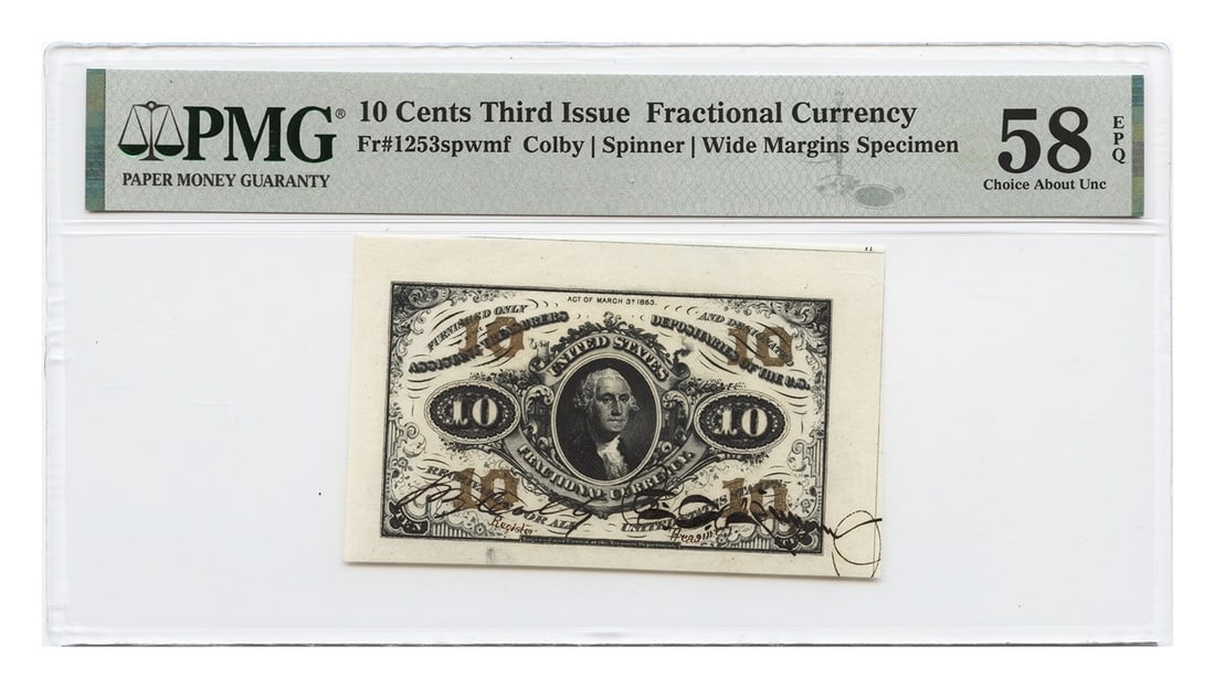 FR 1253spwmf 10C Fractional Currency PMG Ch AU58 EPQ Specimen: FR 1253spwmf 10C Fractional Currency PMG Ch AU58 EPQ Specimen This is a 10 Cents Fractional Currency note from the Third Issue, classified as Ch AU58 EPQ by PMG, indicating it is in circulated conditi