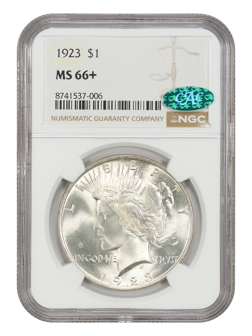 1923 Peace Dollar $1 NGC CAC MS66+ Uncirculated Coin: 1923 Peace Dollar $1 NGC CAC MS66+ Uncirculated Coin 1923 Peace Dollar $1 certified by NGC with CAC approval, graded MS66+. Struck in Philadelphia, this uncirculated coin is described as frosty and sm