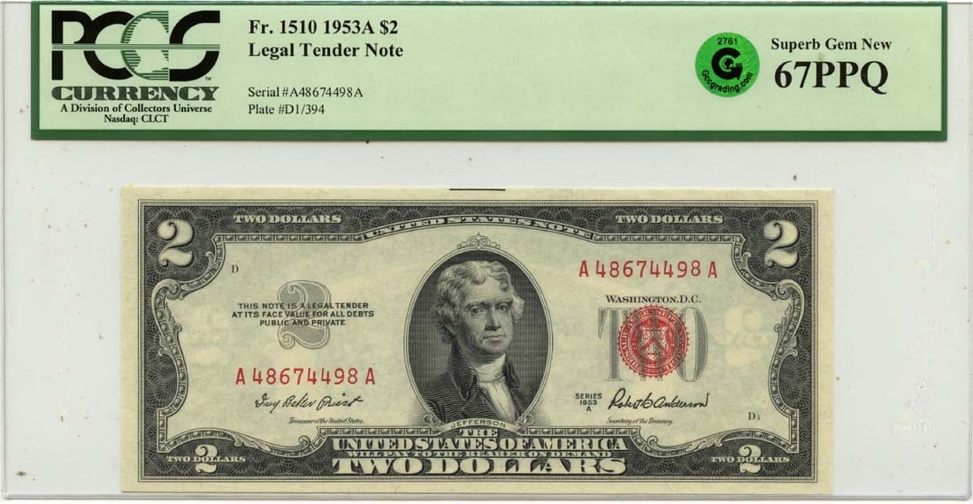 PCGS Graded 1953A United States $2 Legal Tender Note MS67 (1 of 2)
