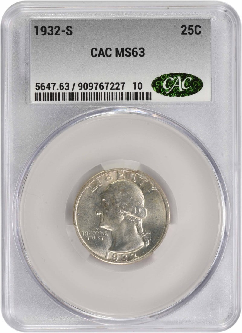 MS63 CACG 1932 San Francisco Washington Quarter 90 Percent Silver Coin: MS63 CACG 1932 San Francisco Washington Quarter 90 Percent Silver Coin This is a 1932-S Washington Quarter, graded MS63 by CACG. The coin is uncirculated and composed of 90% silver and 10% copper. Min