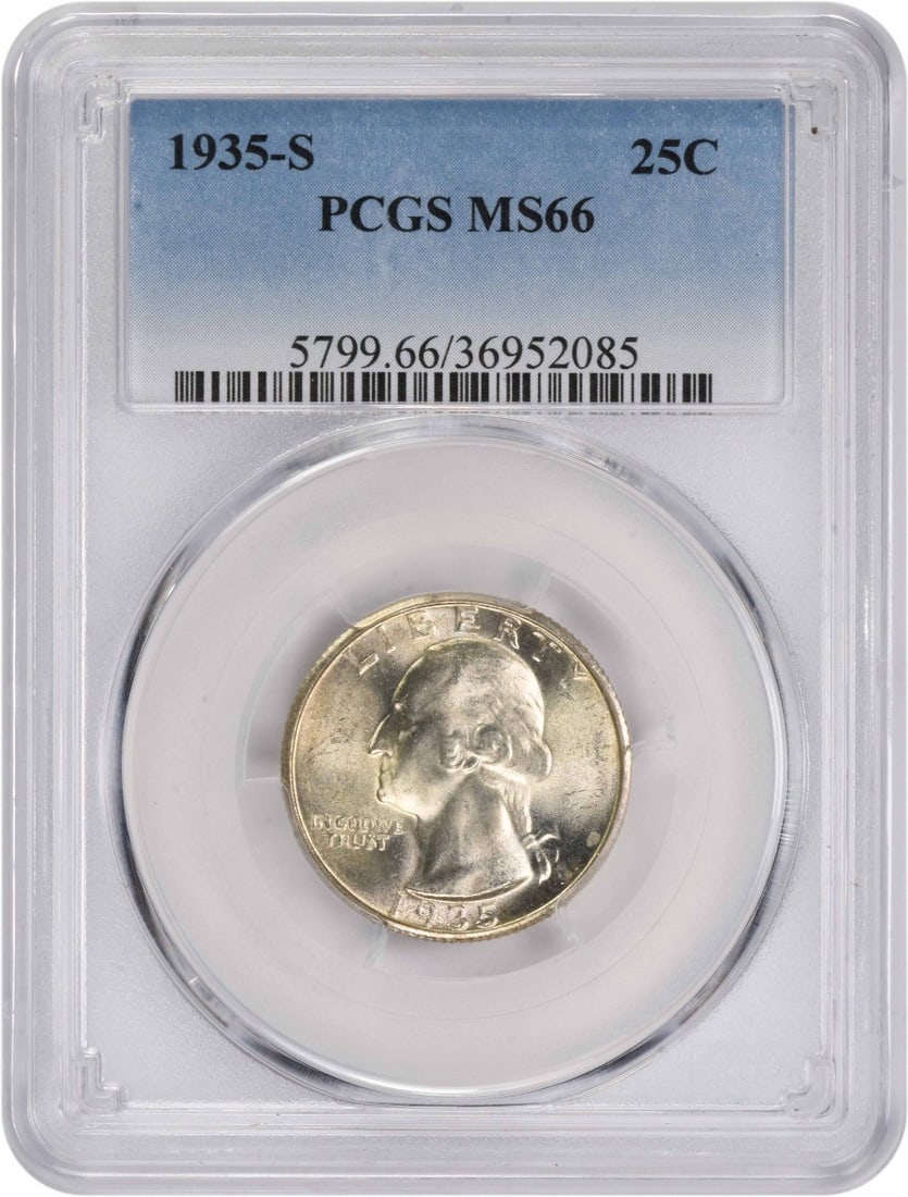 PCGS MS66 1935-S Washington 25C Silver Quarter: PCGS MS66 1935-S Washington 25C Silver Quarter This is a 1935-S Washington quarter composed of silver and graded MS66 by PCGS. The coin is uncirculated and comes from the United States. It is a pre-ow
