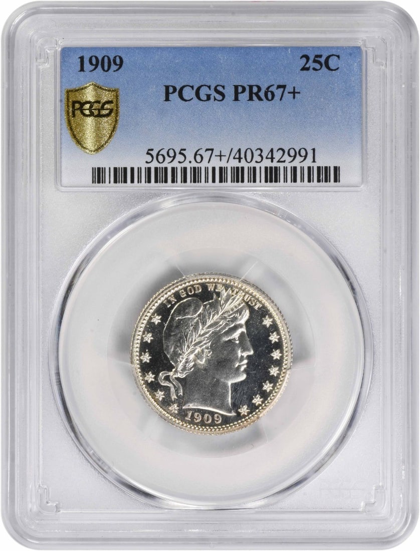 1909 Barber Silver Quarter PR67+ PCGS Uncirculated: 1909 Barber Silver Quarter PR67+ PCGS Uncirculated This stunning 1909 Barber Silver Quarter is a remarkable piece of numismatic history. Graded PR67+ by PCGS, this uncirculated coin showcases the arti
