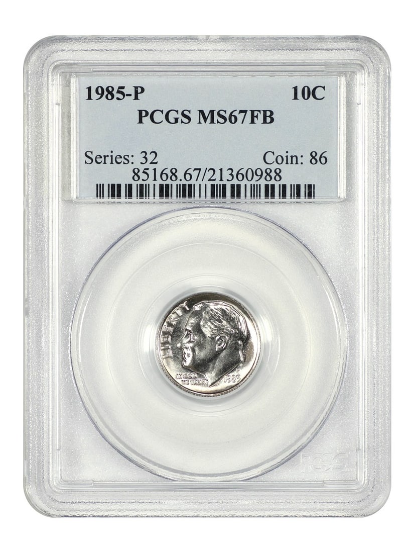 PCGS MS67FB 1985 P Roosevelt Dime 10C: PCGS MS67FB 1985 P Roosevelt Dime 10C 1985-P Roosevelt Dime certified by PCGS and graded MS67FB. This uncirculated 10C coin was struck at the Philadelphia Mint and is listed as pre-owned. The certific
