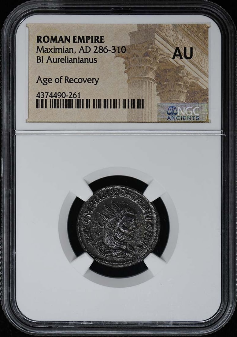 NGC AU Maximian Roman Empire Aurelianianus Coin: NGC AU Maximian Roman Empire Aurelianianus Coin This Roman Empire BI Aurelianianus coin dates from the reign of Maximian, AD 286-310. It has been graded About Uncirculated (AU) by NGC and comes with N