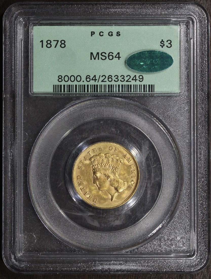 1878 $3 Gold Coin Indian Princess MS64 CAC PCGS OGH: 1878 $3 Gold Coin Indian Princess MS64 CAC PCGS OGH 1878 Indian Princess Three Dollar Gold Piece graded MS64 by PCGS with CAC approval. This pre-1933 United States coin is composed of gold with 0.9 fi