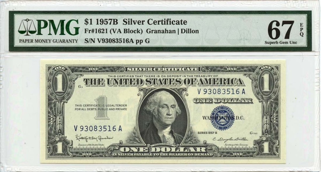 PMG Graded 1957B $1 Silver Certificate Fr 1621 Superb 67 EPQ (1 of 2)