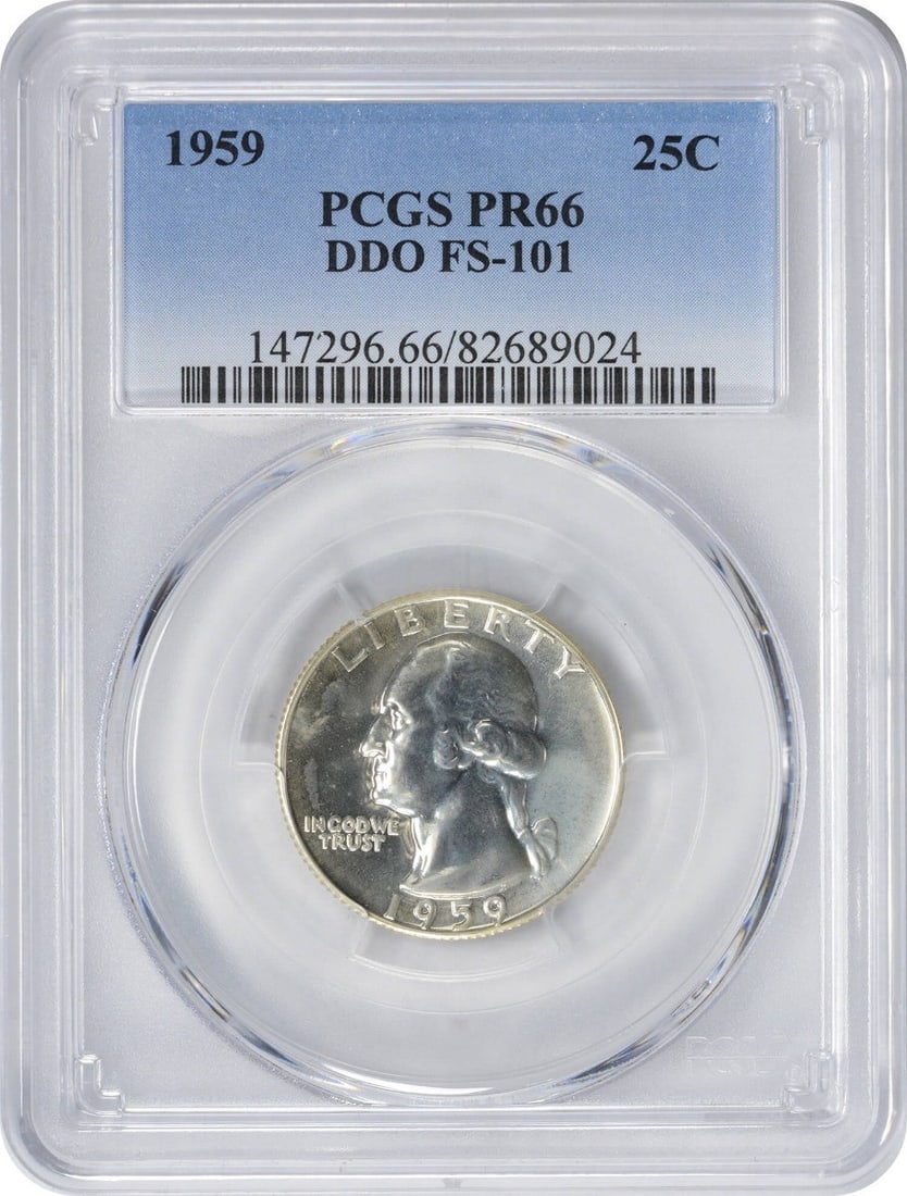 1959 Washington Silver Quarter PR66 DDO FS-101 PCGS Proof: 1959 Washington Silver Quarter PR66 DDO FS-101 PCGS Proof This 1959 Washington Silver Quarter is a stunning example of numismatic artistry, featuring a Double Die Obverse (DDO) and graded PR66 by PCGS