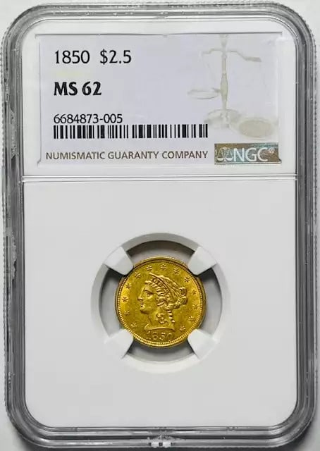 NGC MS62 1850 Liberty Head Gold Quarter Eagle Coin: NGC MS62 1850 Liberty Head Gold Quarter Eagle Coin This 1850 $2.50 Liberty Head Quarter Eagle is a pre-owned, uncirculated gold coin graded MS-62 by NGC. Struck in the United States, this historic coi