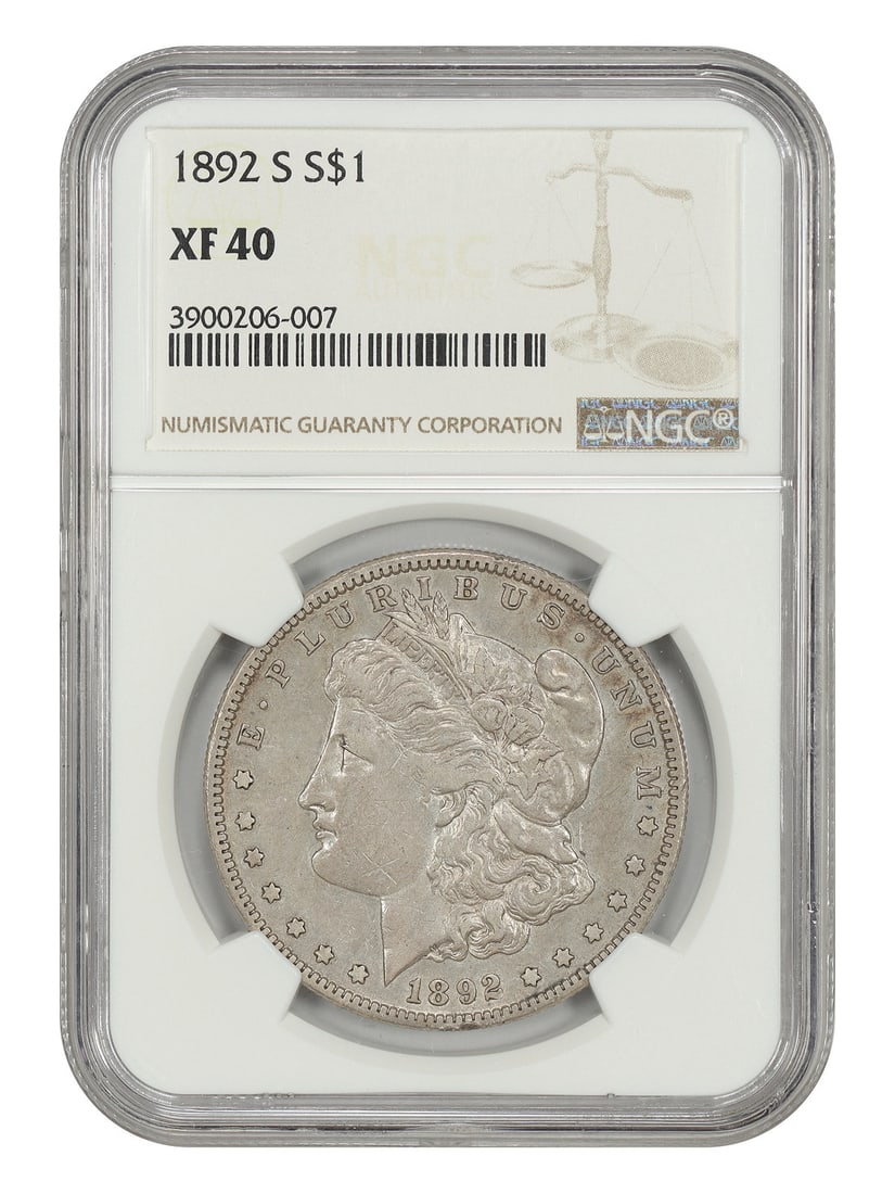 NGC XF40 1892-S Morgan Silver Dollar $1: NGC XF40 1892-S Morgan Silver Dollar $1 1892-S Morgan Dollar graded XF40 by NGC. This circulated $1 coin was minted in San Francisco and is noted as a scarce date. The original description describes i