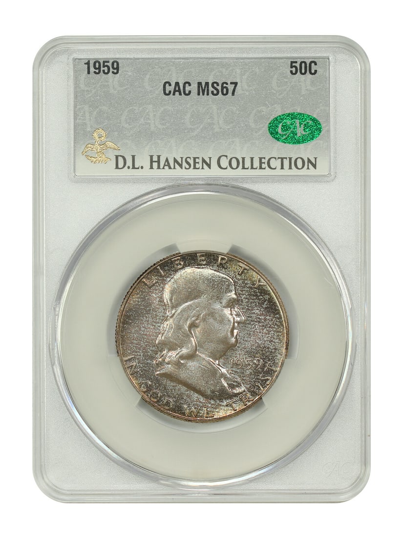 1959 CACG MS67 Franklin Half Dollar ex D.L. Hansen: 1959 CACG MS67 Franklin Half Dollar ex D.L. Hansen 1959 Franklin Half Dollar 50C graded MS67 by CACG and certified with certification number 210367573. This uncirculated Philadelphia issue is describe