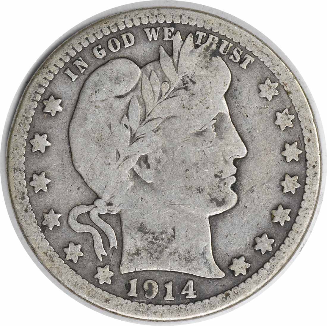 1914-S Barber Silver Quarter 25C VG Uncertified San Francisco: 1914-S Barber Silver Quarter 25C VG Uncertified San Francisco This 1914-S Barber Silver Quarter is a valuable addition for any coin collector. Struck in San Francisco, this quarter features a composit