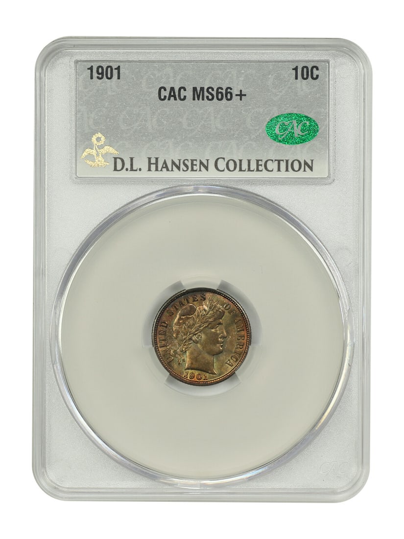 CACG MS66+ 1901 Barber Dime 10C ex D.L. Hansen: CACG MS66+ 1901 Barber Dime 10C ex D.L. Hansen 1901 Barber Dime 10C graded MS66+ by CACG and certified number 714499668. This uncirculated Philadelphia-mint coin is from the D.L. Hansen Collection and