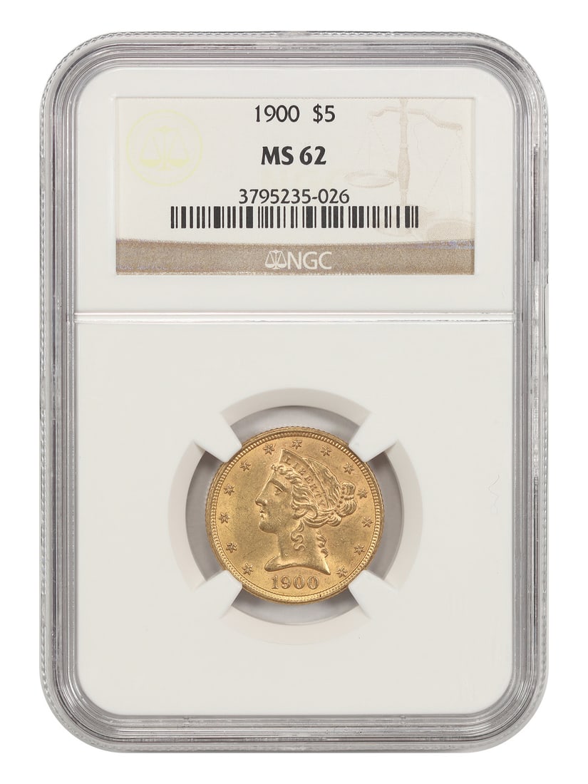 1900 Liberty Head $5 Gold Coin NGC MS62: 1900 Liberty Head $5 Gold Coin NGC MS62 A 1900 Liberty Head $5 gold coin certified by NGC and graded MS62. Minted in Philadelphia, this pre-owned piece is identified by the denomination and date shown